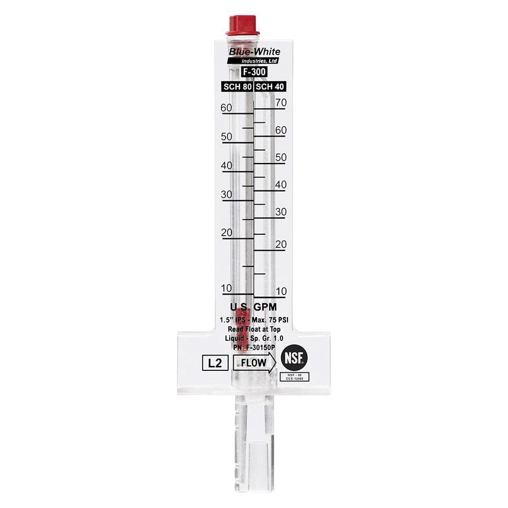 Blue White 1.5" PVC Flowmeter, Top Mount, for Horizontal Pipe, 10 - 70 GPM - product image