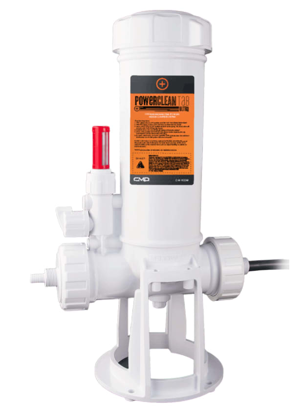 CMP Powerclean Tab Ultra Off-Line Chlorinator with 1.5in-2in Clamp Size, Clear Glass Lid, Holds Twelve 3in Tablets or 5lbs of 1in Tablets, 5,000-50,000 G