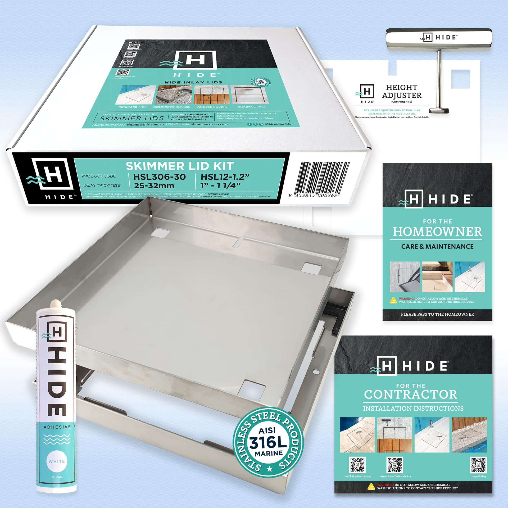 Hide 12in Skimmer Lid, 1-3/8in - 1-5/8in Material, 11-3/4in Square Inlay Lid, Conrete   KIT