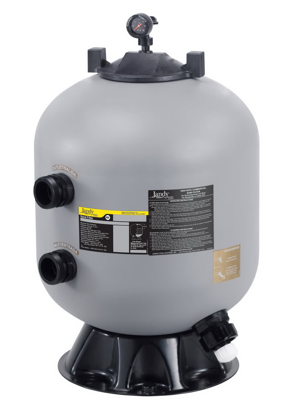 Jandy JS Series 24in Side-Mount Sand Filter, 3.14 sq. ft, 63 GPM, 30,240 gallons, 50 PSI  