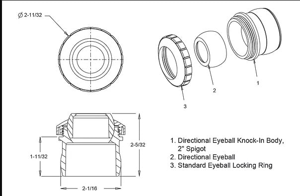 AquaStar Three-Piece Directional Eyeball Fitting 2" Knock-In, White 1" Orifice | 6101 image 2