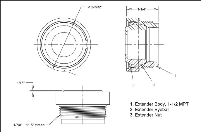 AquaStar ASD Remodel Fitting w/ Eyeball & Nut, 1-1/2" MPT, 1/2" Extender, Light Gray, 3/4" Orifice | ASD103B image 2