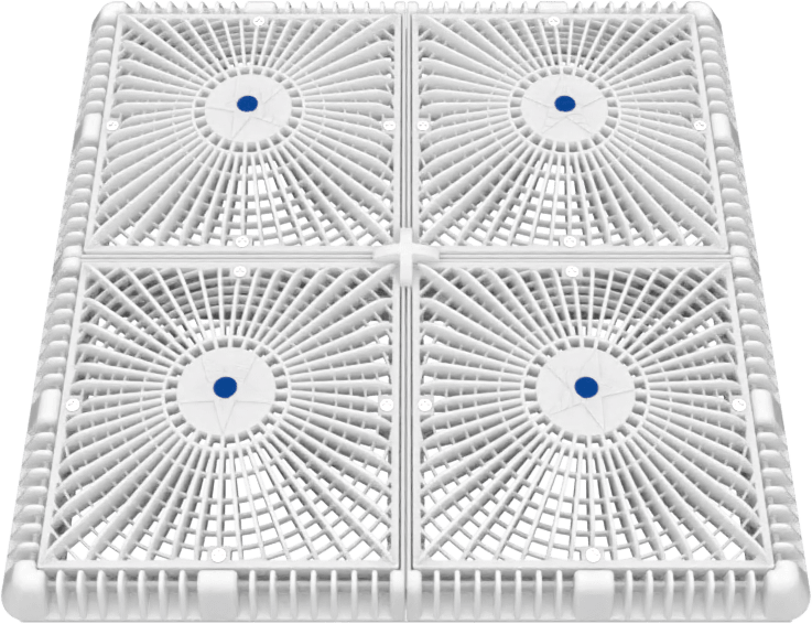 AquaStar 18in Square Mud Frame with Four 9in Square Star Suction Outlet Covers and Vented Riser Rings, White  