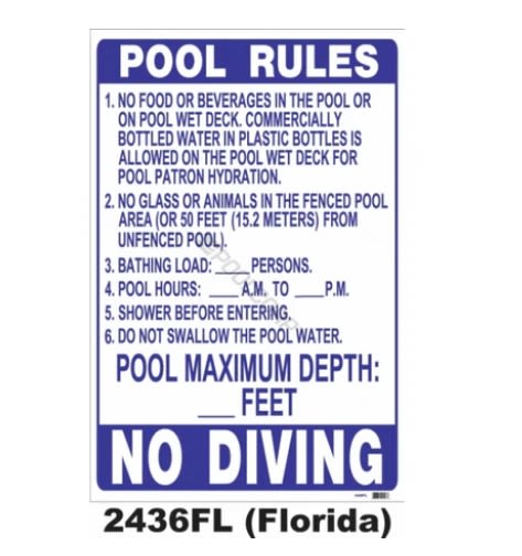 24" X 36" Florida Pool Rules New Sign - product image