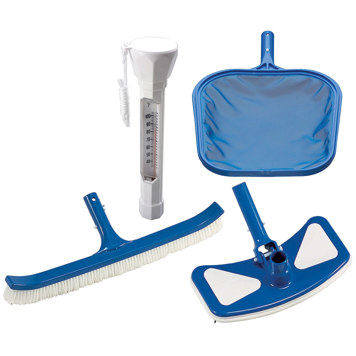 Ocean Blue Standard Pool Maintenance Kit - Box Includes: Deluxe Vacuum Head, Skimmer With Snap Adapt Handle, 18  Curved Wall Brush With Snap Adapt Handle, And Deluxe Floating Thermometer - product image