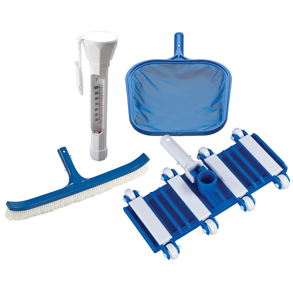 Ocean Blue Deluxe Pool Maintenance Kit - Box Includes: Weighted Flex Vacuum, Skimmer With Snap Adapt Handle, 18  Curved Wall Brush With Snap Adapt Handle, And Deluxe Floating Thermometer - product image