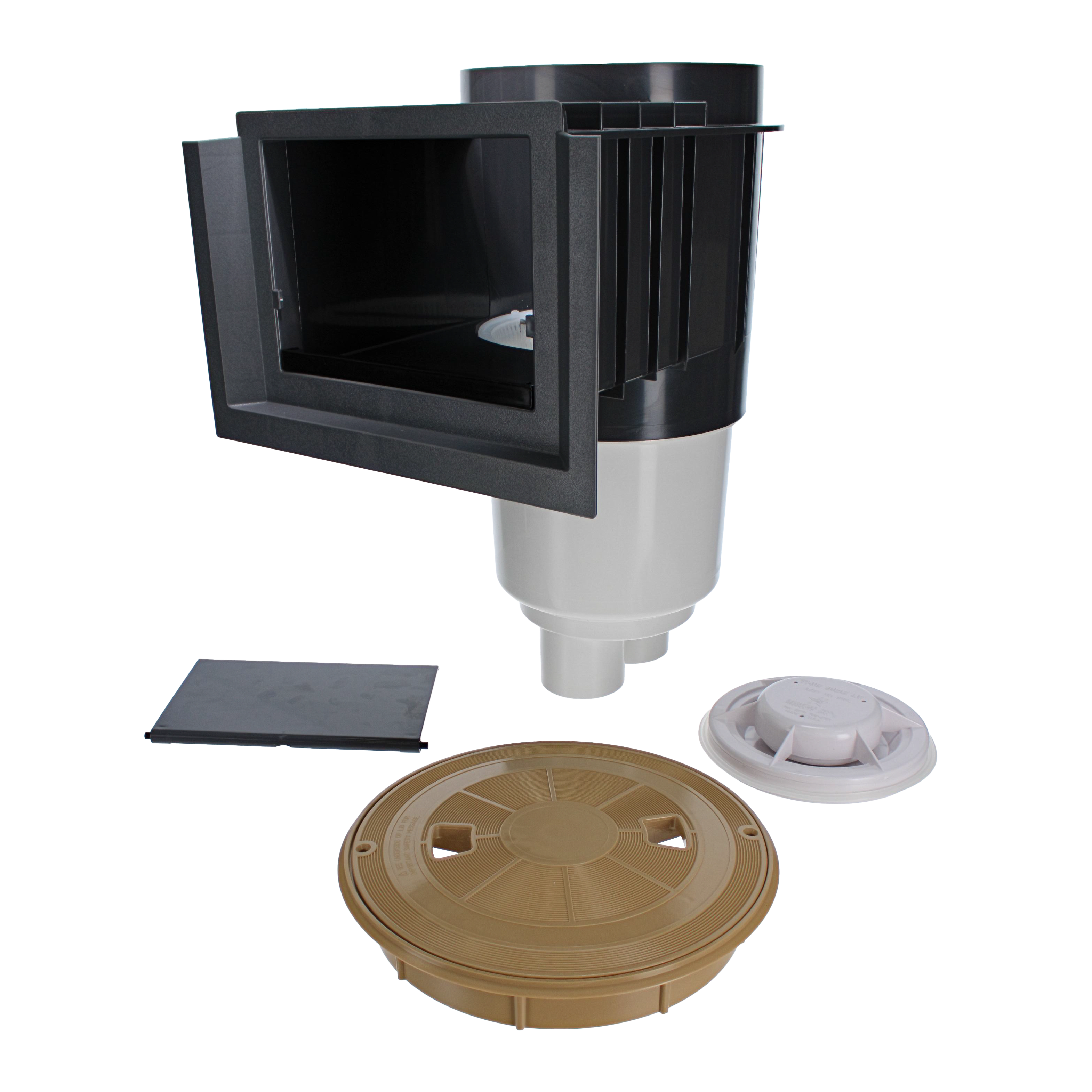 AquaStar Flow Star Standard Skimmer with Water Stop Face, Float Assembly, Basket, Lid and Adjustable Collar, Dark Gray with Tan Round Skimmer Lid SK