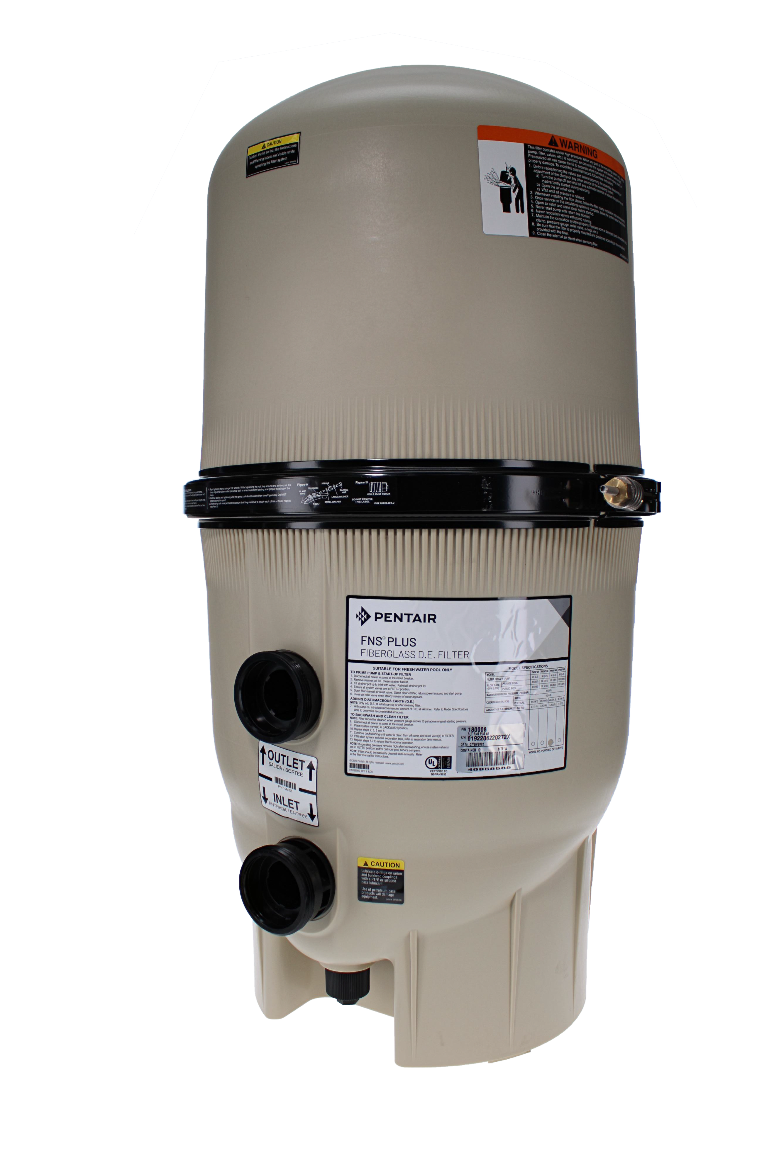 Pentair FNS Plus Filter Fibergalass D.E. Filter, 48 sq. ft, 21.5” Diam, 96 GPM, 69,120 gallons  