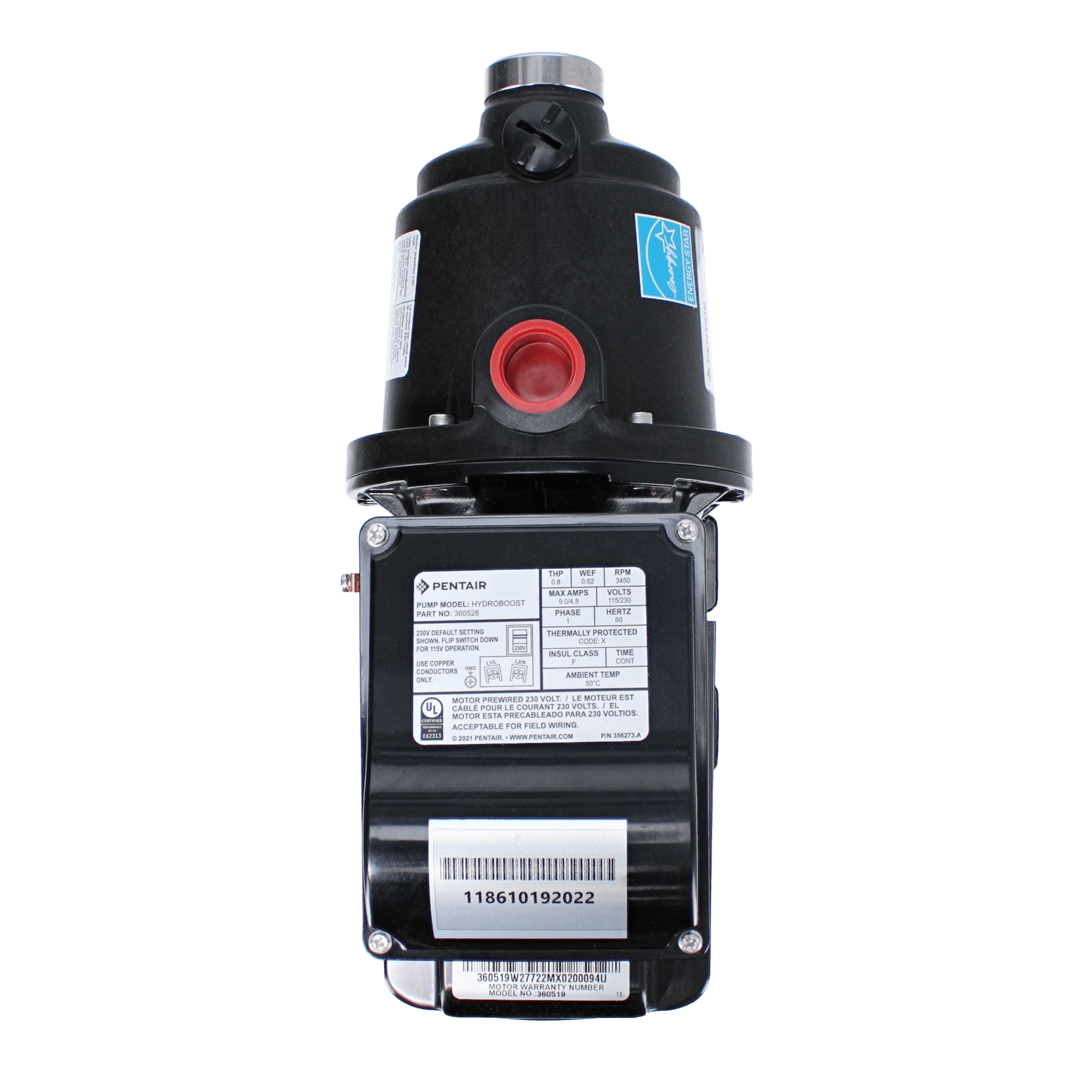 Pentair HydroBoost Booster Pool Pump, 0.8 THP, 115/230 V, 9.0/4.5 Amp, 1in Port  