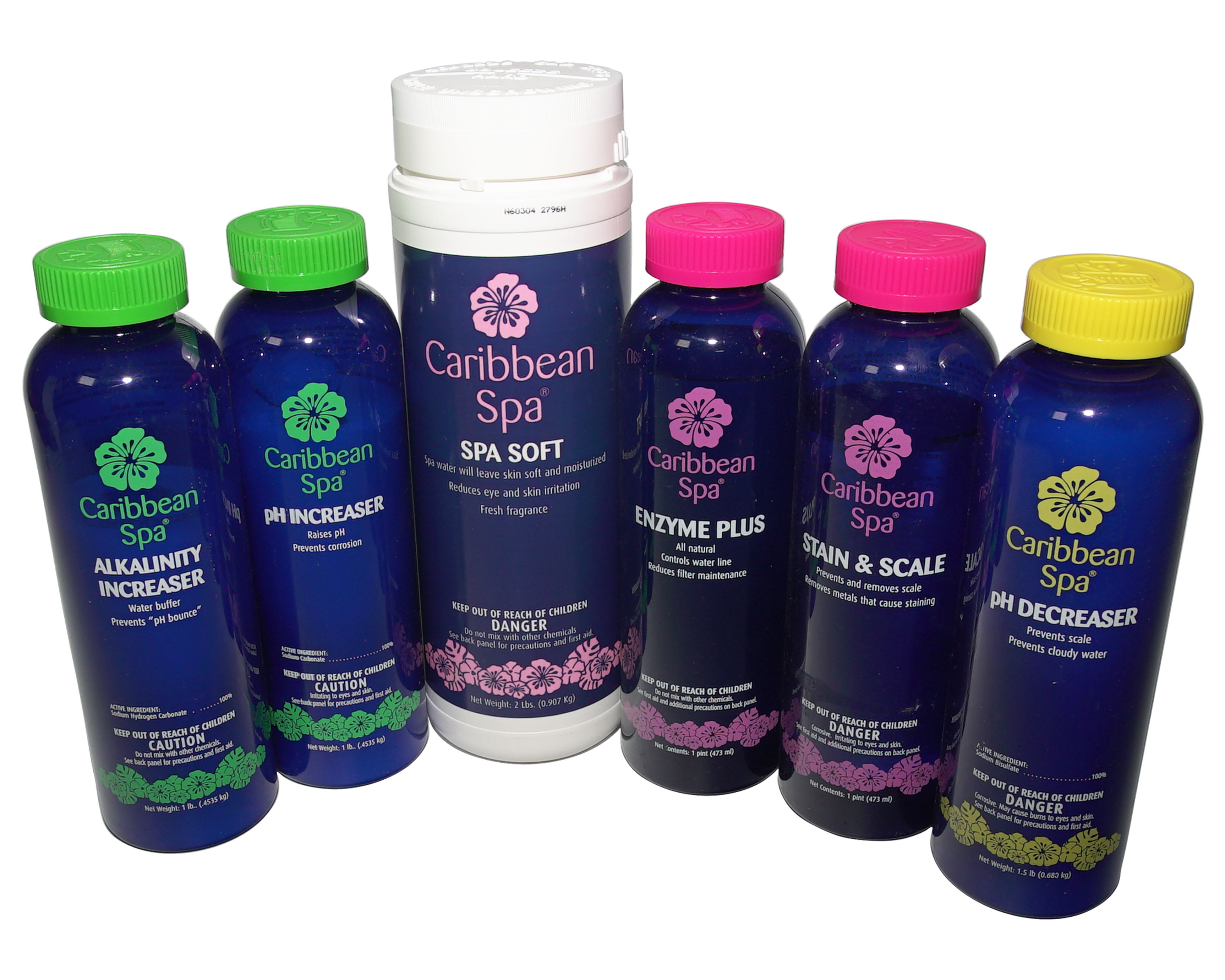 CARIBBEAN SPA KIT INCLUDES: 16OZ ALKALINITY INCREASER, 16 OZ PH INCREASER, 24 OZ PH DECREASER, 2 LB SPA SOFT, 1 PT STAIN & SCALE, 1 PT ENZYME PLUS - product image