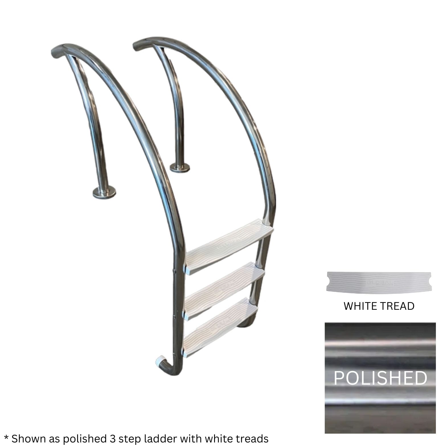 Global Pool Products Modern 3 Step Ladder .065 Polished Whiteheavy Duty Treads GPP-MLD-3ST-SS - product image