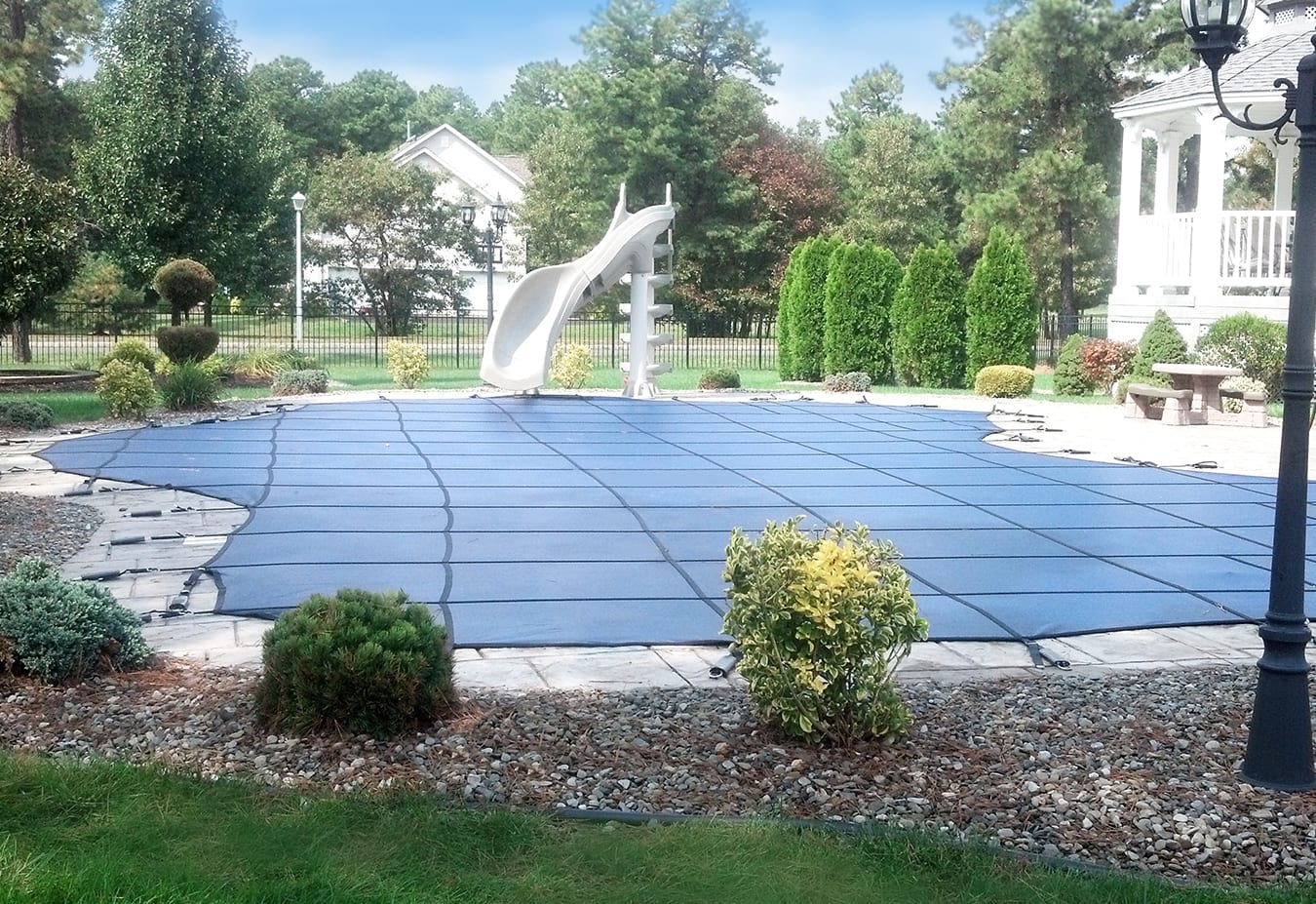 GLI 16' x 32' Rectangle Mesh Safety Cover w/ 4' x 8' CES, Blue | 20-1632RE-CES48-SAP-BLU image 2