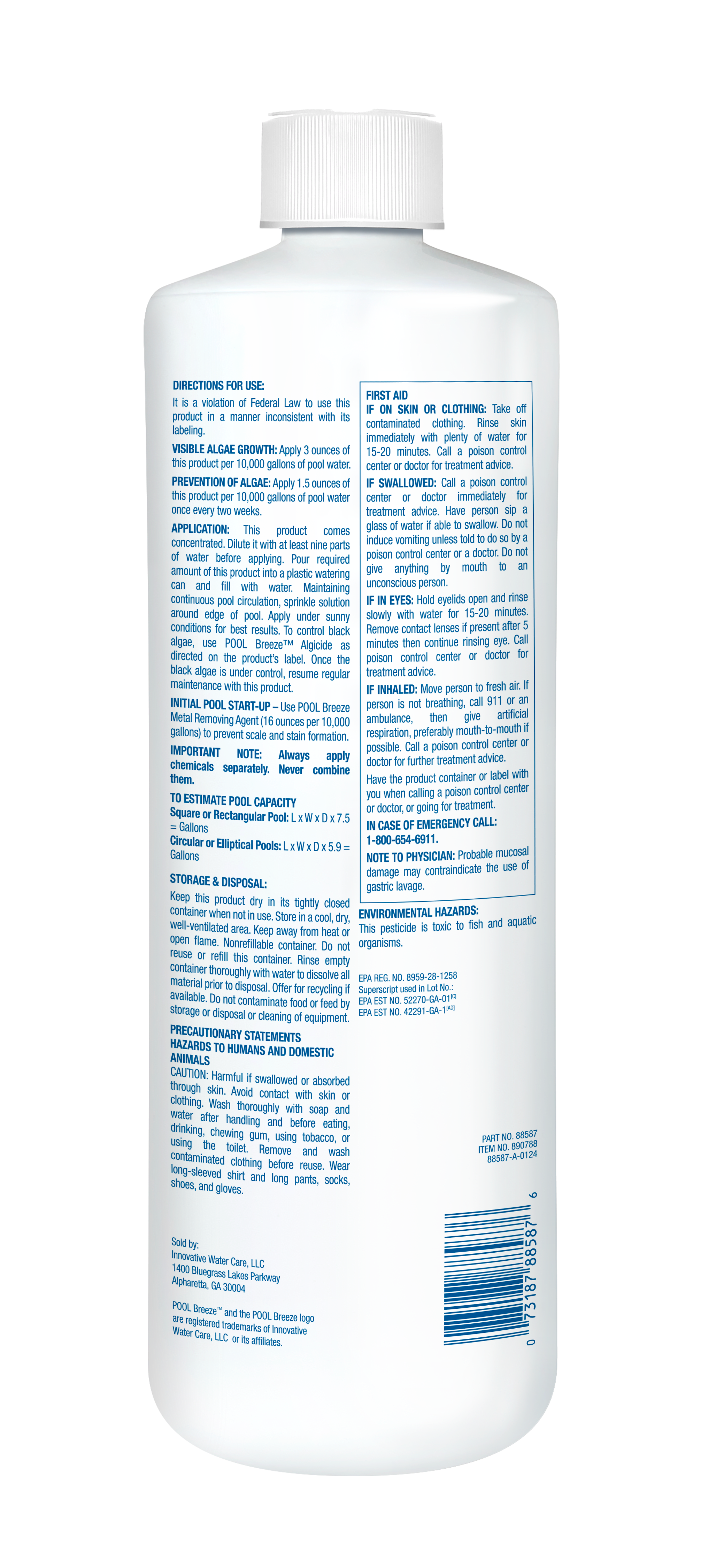 POOL BREEZE MAX ALGIKILL ALGICIDE 9.3% COPPER BASED ALGICIDE 1 QT image 2