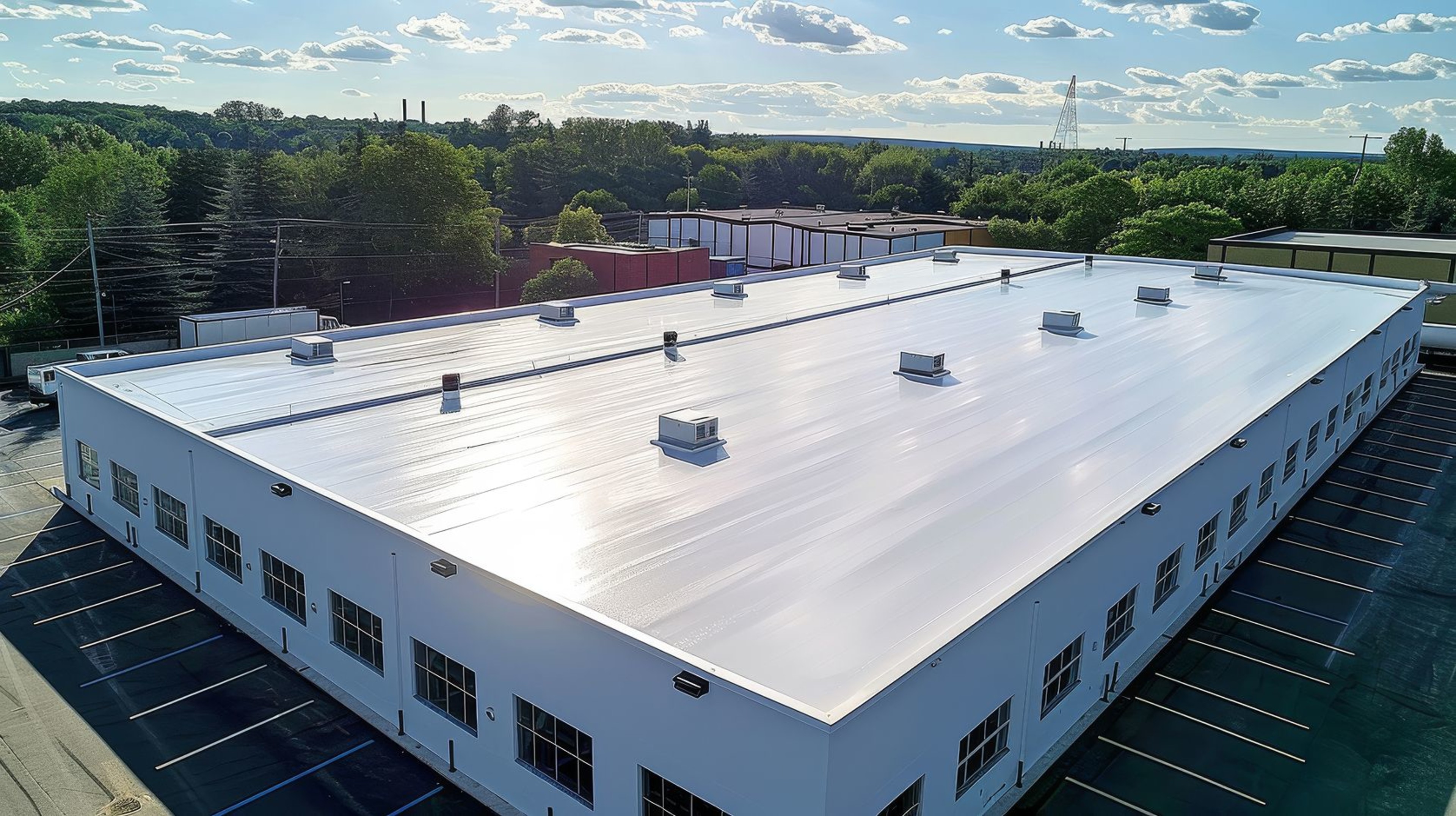 Rooftop shot of large factory roof.